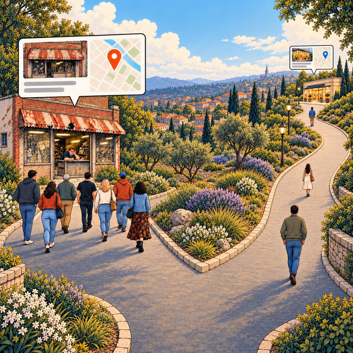 Illustration of a fork in the road. A crowd walks toward a run-down shop that shows up first on a map search, while a well-kept shop farther down the other road, barely visible in search, gets only a few visitors.